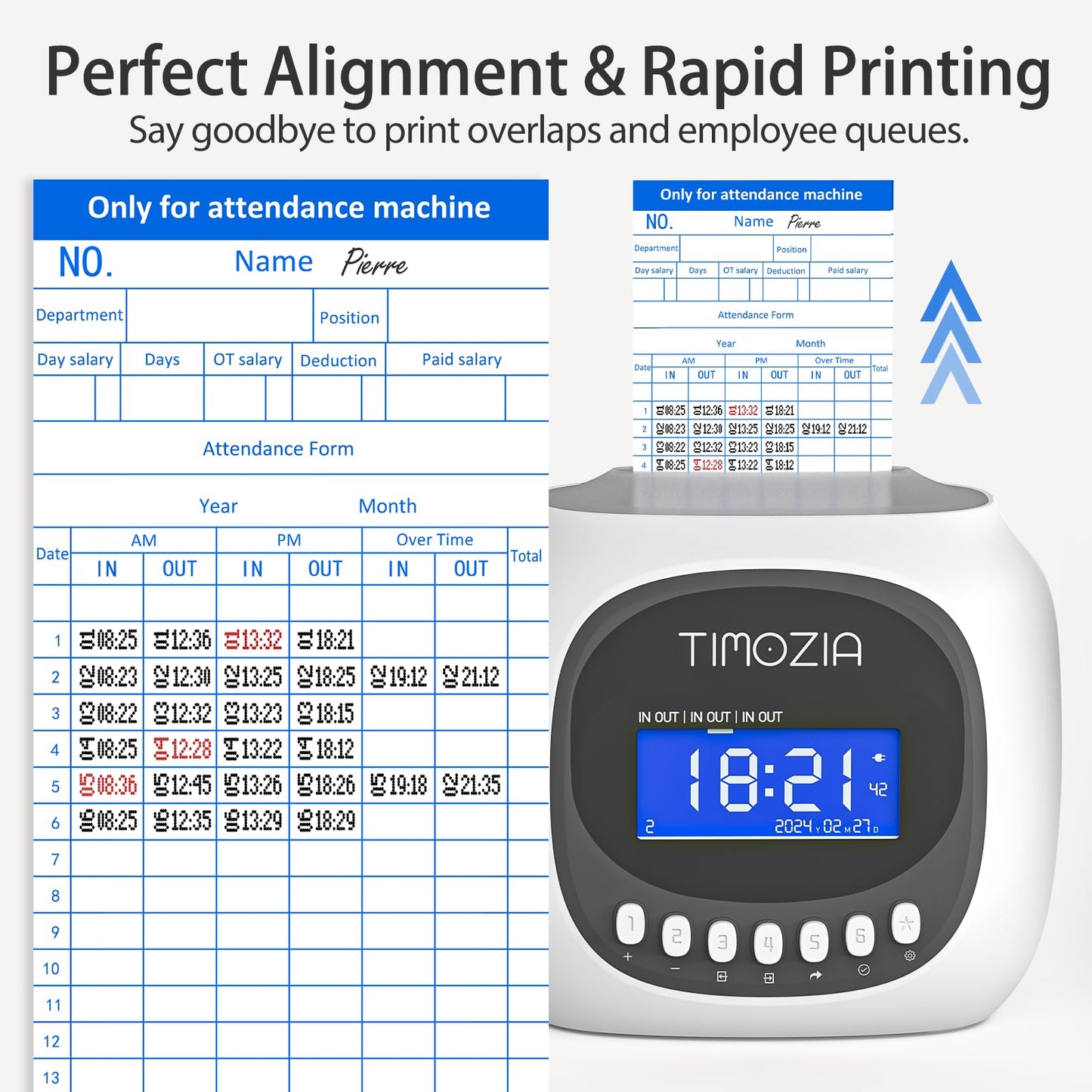 TIMOZIA Time Clocks for Employees Small Business, Auto-Align Time Clock, 6 Punches per Day Time Machine, Clock in Machine for Employees with Time Cards, 2 Ink Ribbons and White with 50 Cards