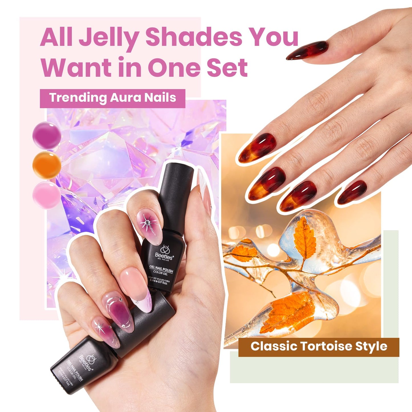 beetles Gel Polish 53 PCS Gel Nail Polish Set, 36 Colors Gel Polish Jelly Pink Milky with Base Coat Glitter Top Matte & Stars Top Coat Gel Red Crystal Ice Collection Valentines Day Gifts for Her