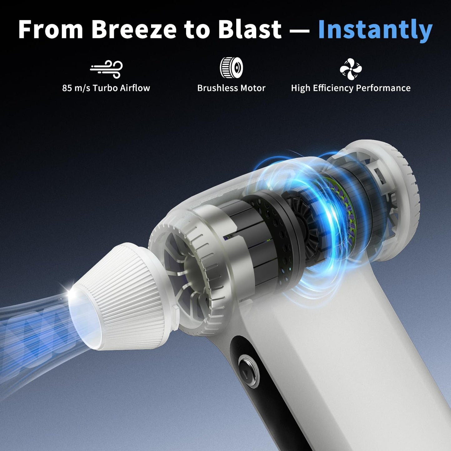 Electric Air Duster 200000RPM Brushless Motor, Cordless Compressed Air Blower with 4 Nozzles & 2 Brushes, 85m/s Powerful Rechargeable Cleaner for PC, Car, Keyboard & Electronics (Frost Silver)