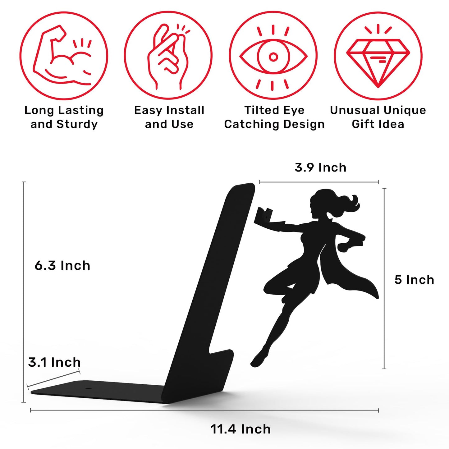 Artori Design Book Ends to Hold Books Heavy Duty Hidden Metal Bookends for Shelves Bookend Book Holder for Home Decorative Gift for Book End Lovers and Home Décor (Supergal+Book&Hero)