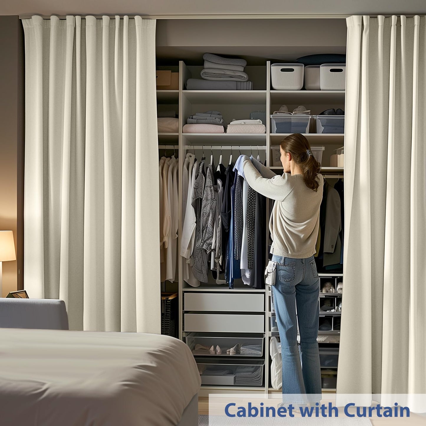 cbsroro Room Divider Ceiling Mounted Curtains Track Sets Extra Wide Blackout Curtain Flexible Tracks for Bedroom Privacy Partition Separator, 1 Panel Beige Drape and White Rail, W8.3 x H7ft