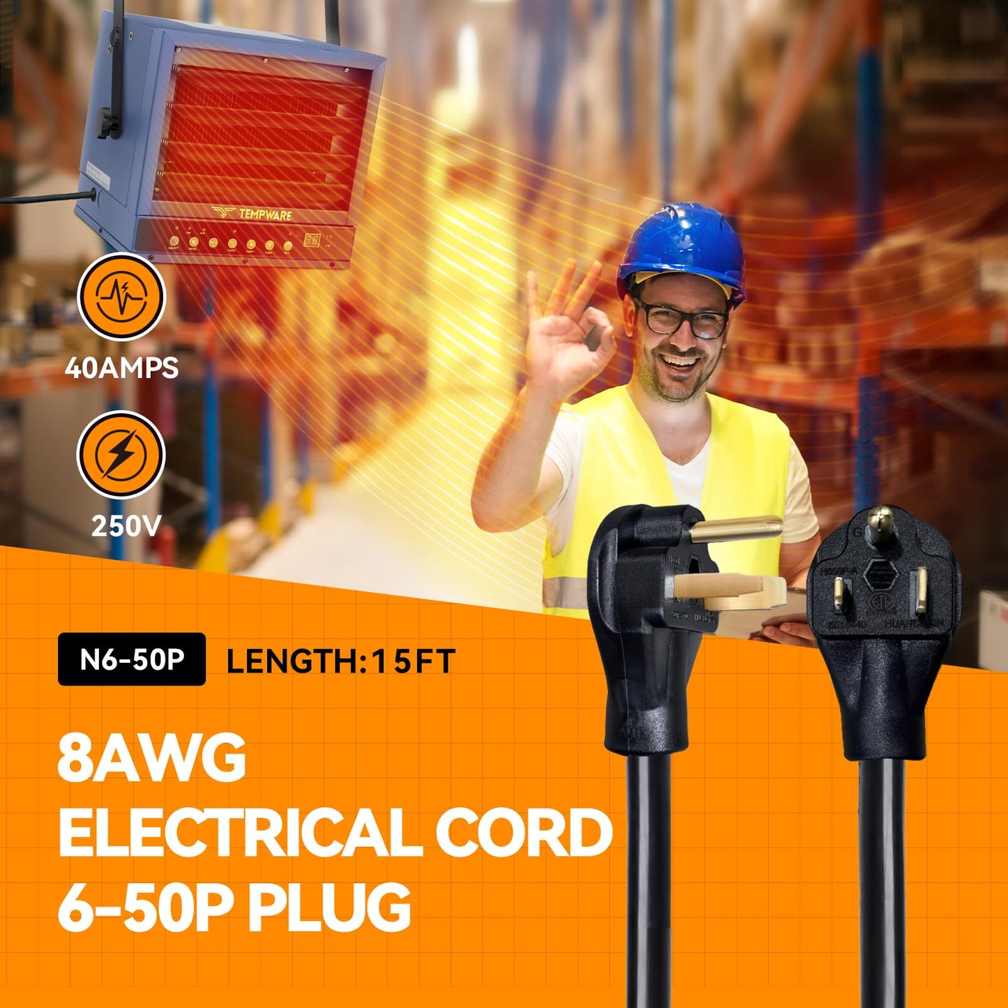 15FT 8 AWG 3 Prong Replacement Power Cord with N6-50P Plug, Heavy Duty 40AMP 250V Extension Cable with Pigtail Open Wiring End - Suitable for TEMPWARE 7500W Electric Garage Heater