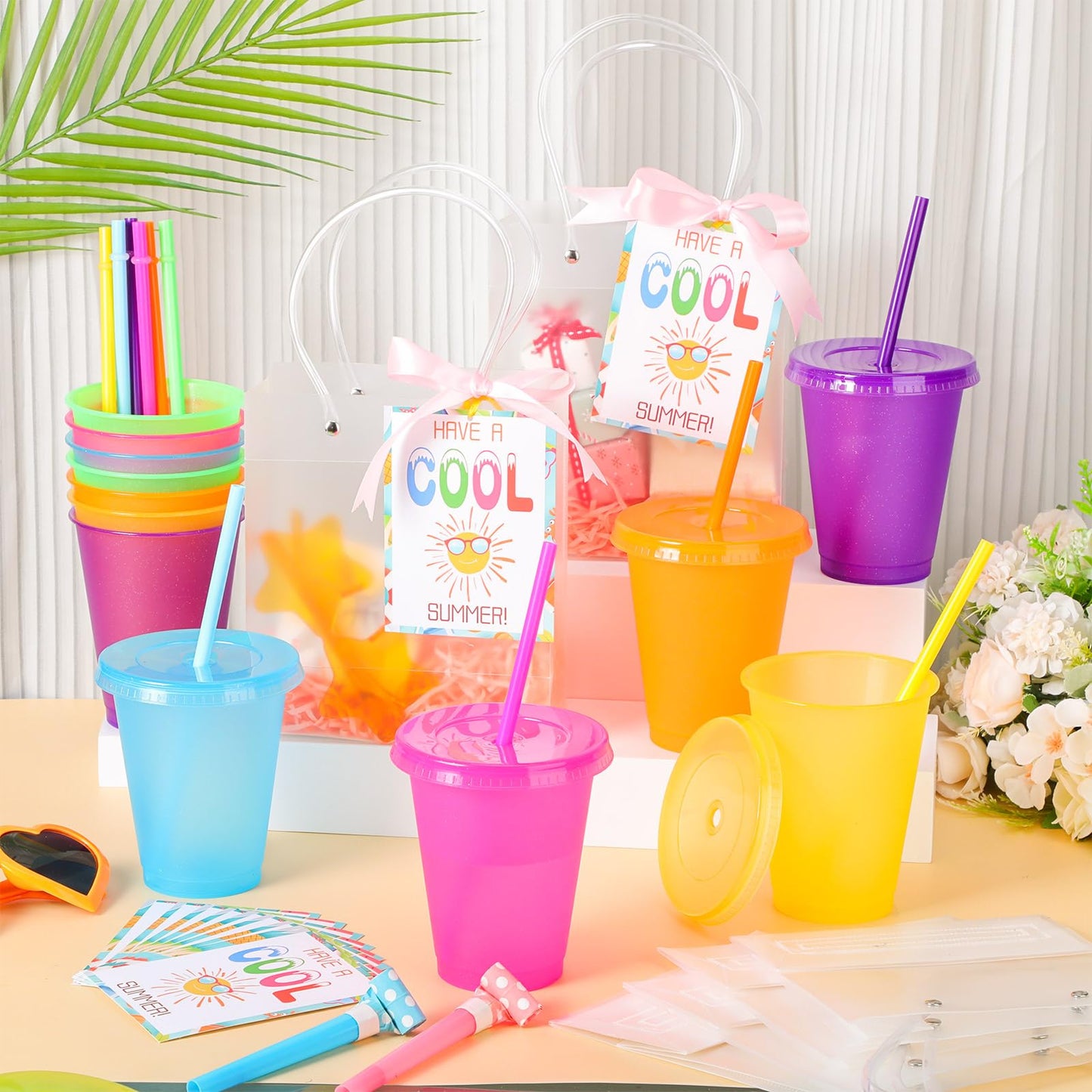 Reallnaive 24 Sets End of The Year Student Gifts Bulk Pool Party Favors 16 oz Colorful Plastic Cups Tumblers with Lids Straws Gift Bags with Handles Summer Cards for Beach Party 6 Colors