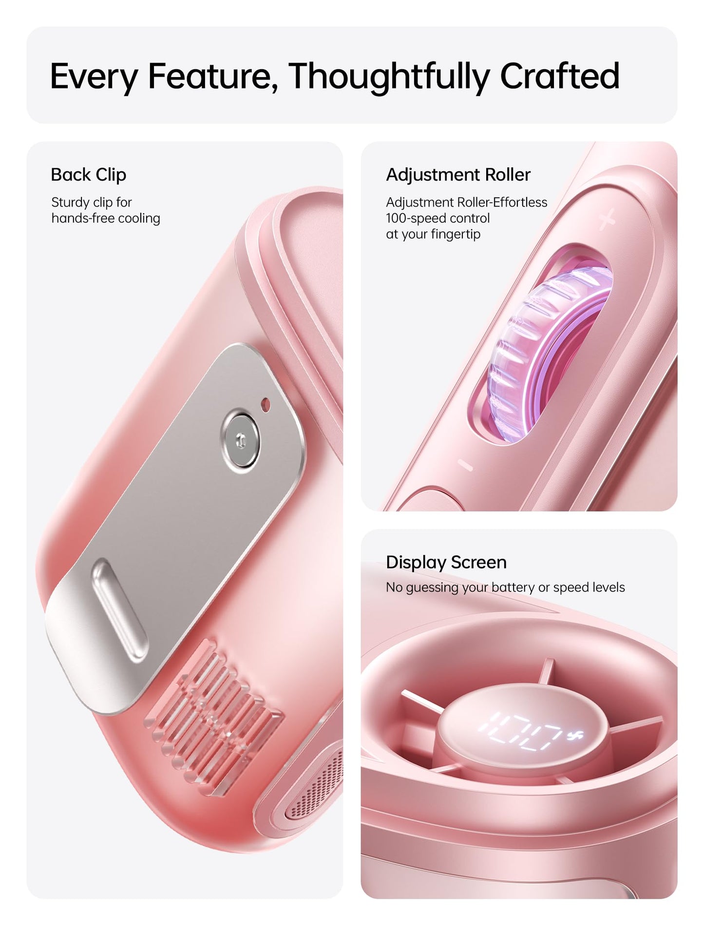 JISULIFE Portable Necklace Fan with 100 Speeds, 40000RPM, Digital Display, 4500mAh Personal Waist Fan for 16H Cooling, Clip-On Wearable Design for Outdoor Travel, Fashionable Gift for Women(Pink)