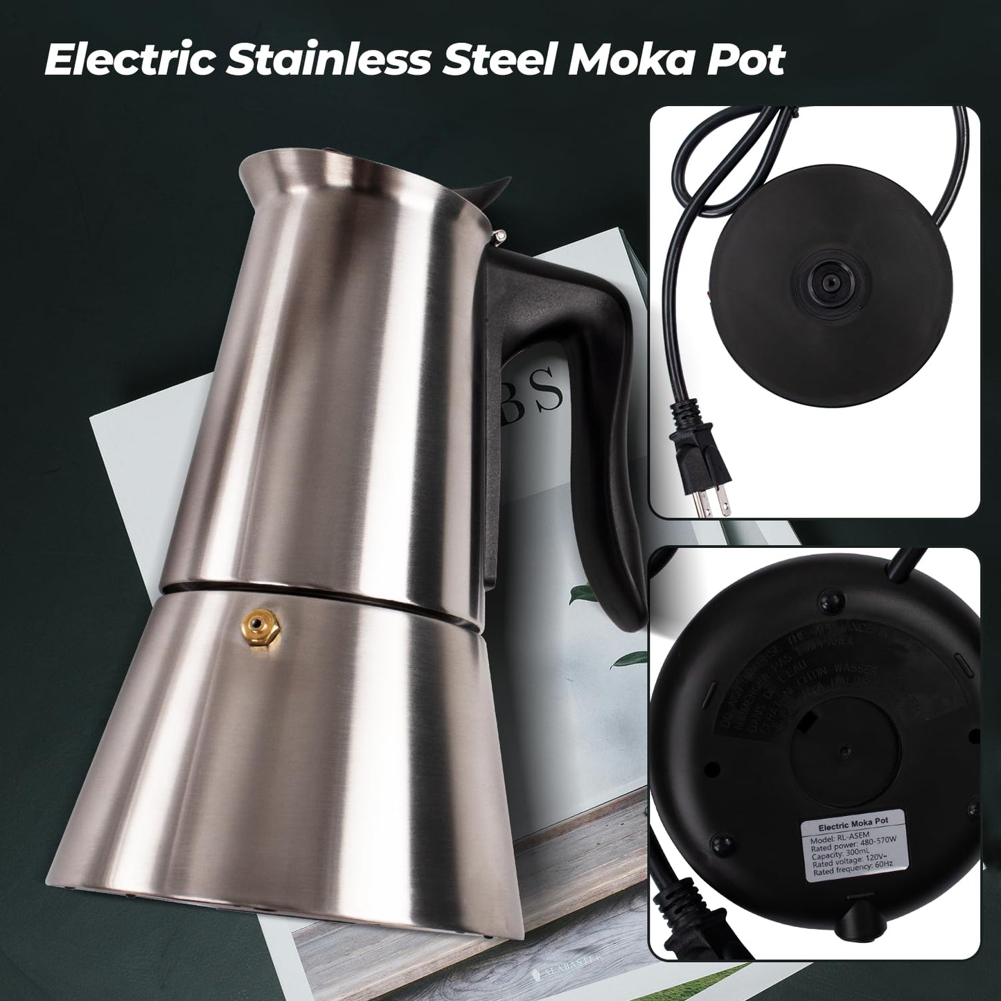 Vaolvpant Electric Stainless Steel Moka Pot 6 Cup 300ml Mocha Pot Espresso Maker with Detachable Base Ideal Coffee Maker for Home Italian and Cuban Café Coffeemaker Espressomaker Coffee Pot