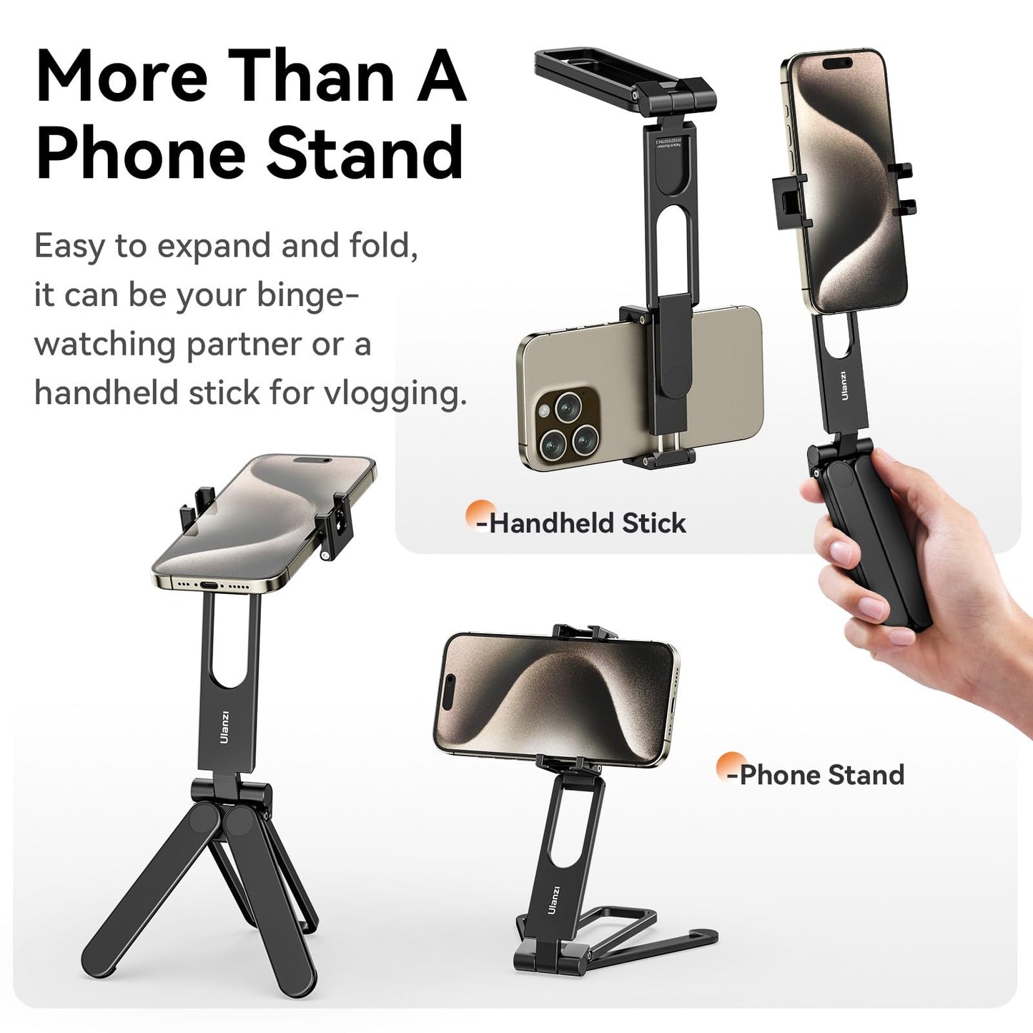 ULANZI MA26 Foldable Phone Tripod - Pocket Cell Phone Vlog Video Tripod Handle Aluminium Smartphone Desk Stand 2 Cold Shoe Small Size All in One Lightweight Portable Vlog Stick for iPhone Samsung
