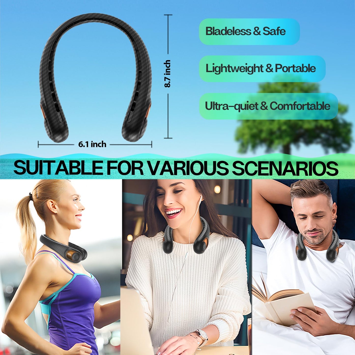 KIDEE Neck Fan Rechargeable, Portable Fan, Upgraded LED Display, 4000 mAh Battery Operated, 3 Speeds Adjustable Personal Wearable Fans for Women Men, Carbon Fiber Black
