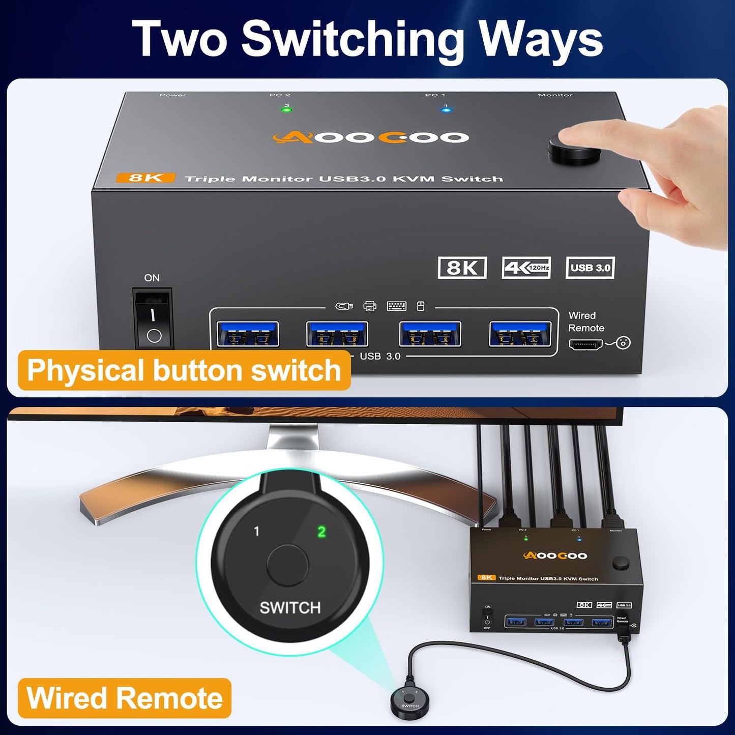 8K@60Hz HDMI2.1 Displayport KVM Switch 3 Monitors 2 Computers 4K@144Hz Triple Monitor KVM Switches with USB 3.0 Port,Wired Remote,Power Adapter and USB3.0 Cables(12cm 2 PC 3 Monitor 8K KVM)