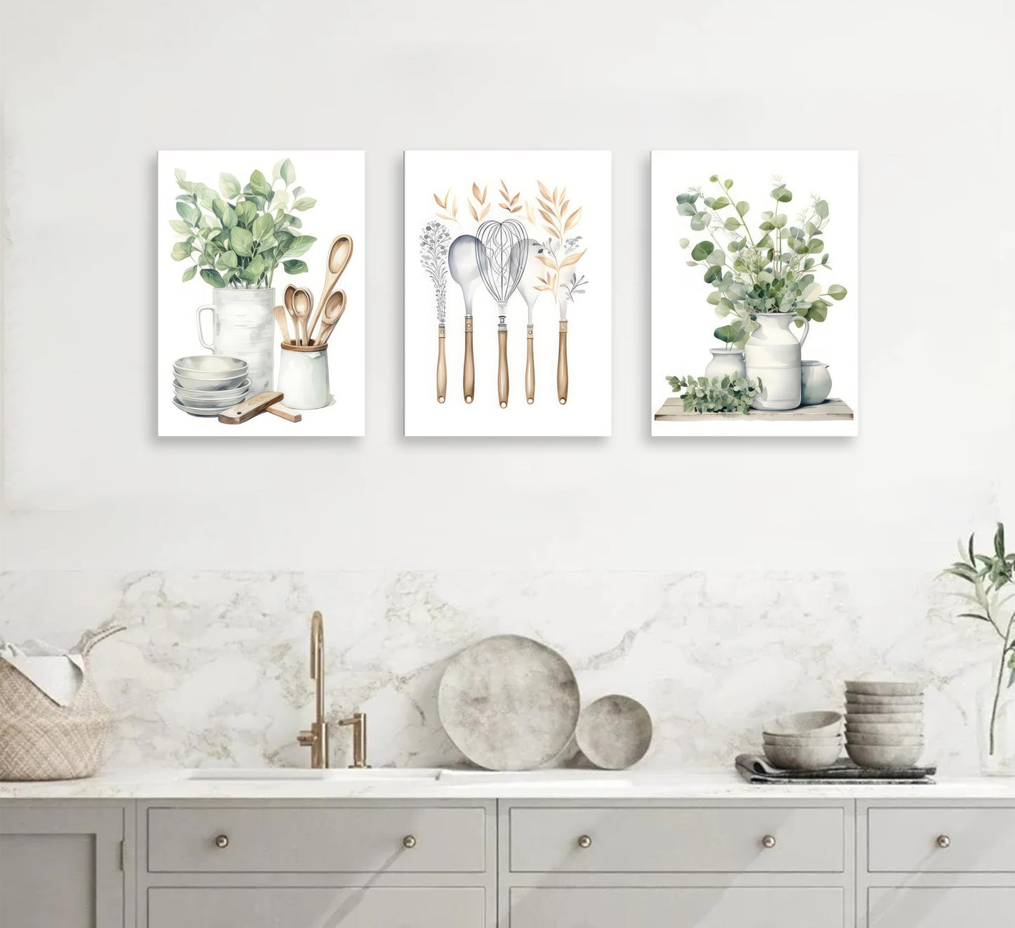 Boho Farmhouse Kitchen Canvas Wall Art Sage Green Plants Painting Pictures Dining Room Wall Decor Eucalyptus Leaves Green Botanical Poster Print Artwork for Farmhouse Kitchen Home Decoration