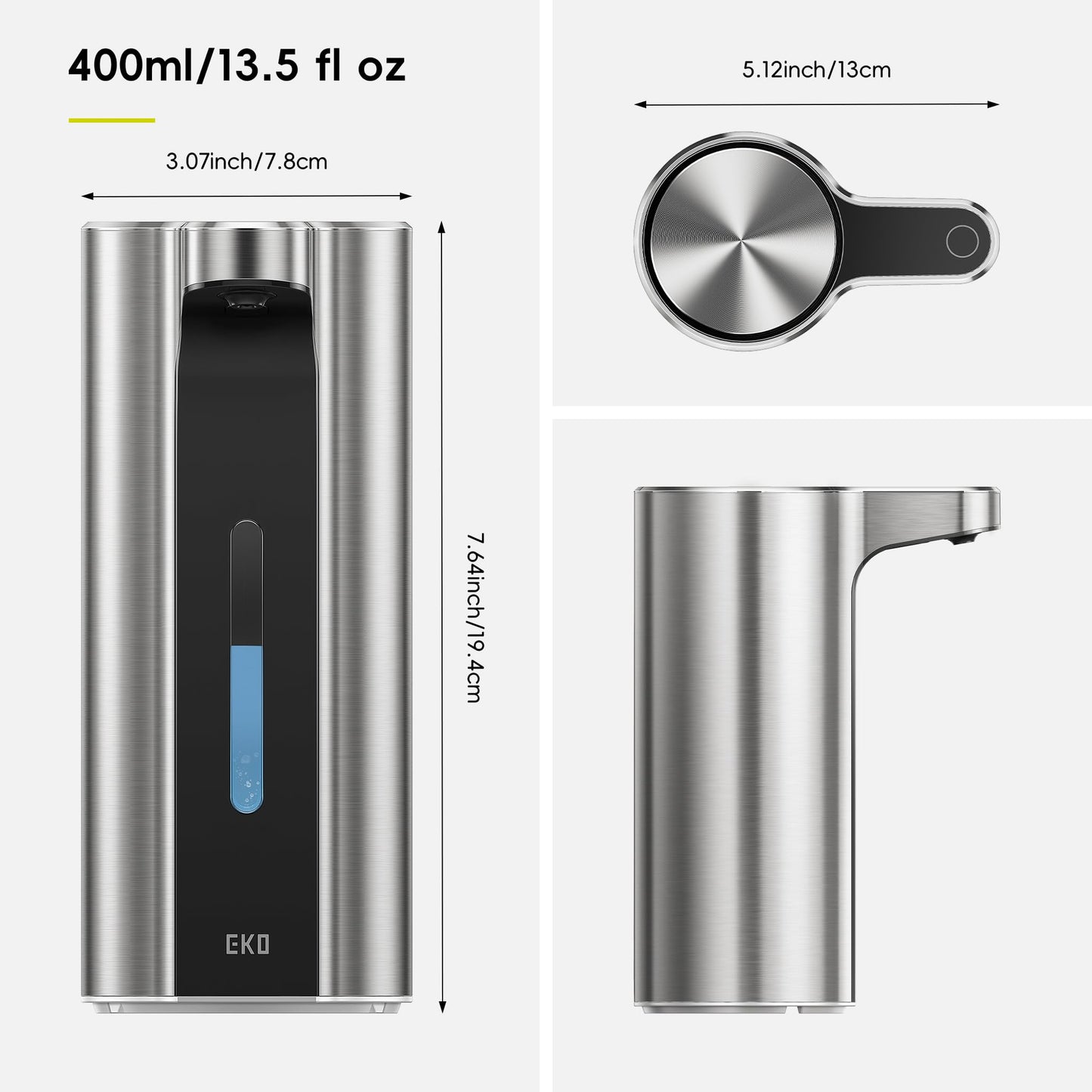 EKO Aroma Pro 13.5 fl oz Touchless Automatic Liquid Soap Dispenser, Rechargeable Hand & Dish Soap Dispenser for Bathroom and Kitchen, Waterproof, Adjustable Volume Control (Stainless Steel)