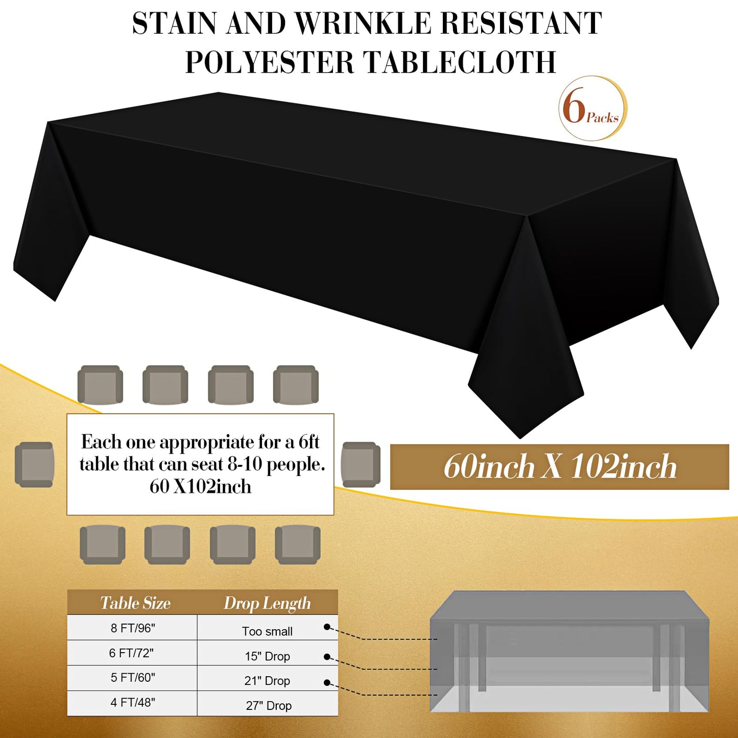 Peryiter 12 Polyester Rectangle Tablecloth 60 x 102'' and Sequin Gold Table Runner, Decorative Fabric Waterproof Table Cover Set for Christmas New Year Wedding Dinner Anniversary Party(Black)
