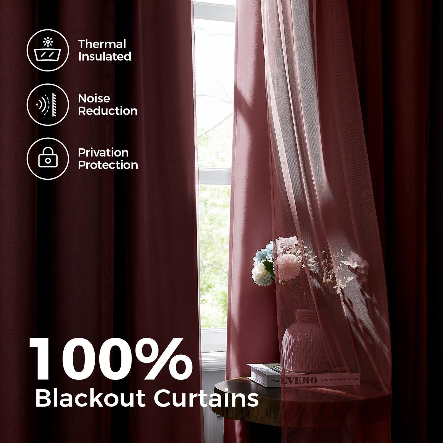 Swandream 100% Blackout Curtains for Bedroom, Double Layer Pink Curtains, Black Out Curtain 84 inch Long with Sheer Overlay for Living Room, Room Darkening Window Drapes with Grommet, 52" W x 84" L