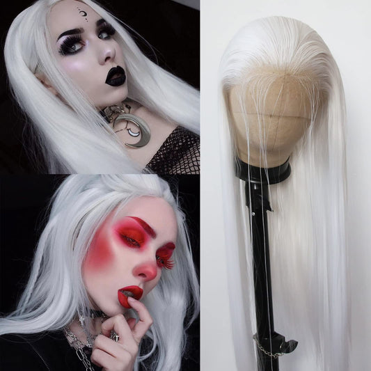 BTWTRY White Synthetic Lace Front Wig - Long Straight Platinum Snow White Lace Front Synthetic Wig - Pre Plucked Natural Hairline - Glueless Heat Resistant Fiber Hair Wig for Fashion Women