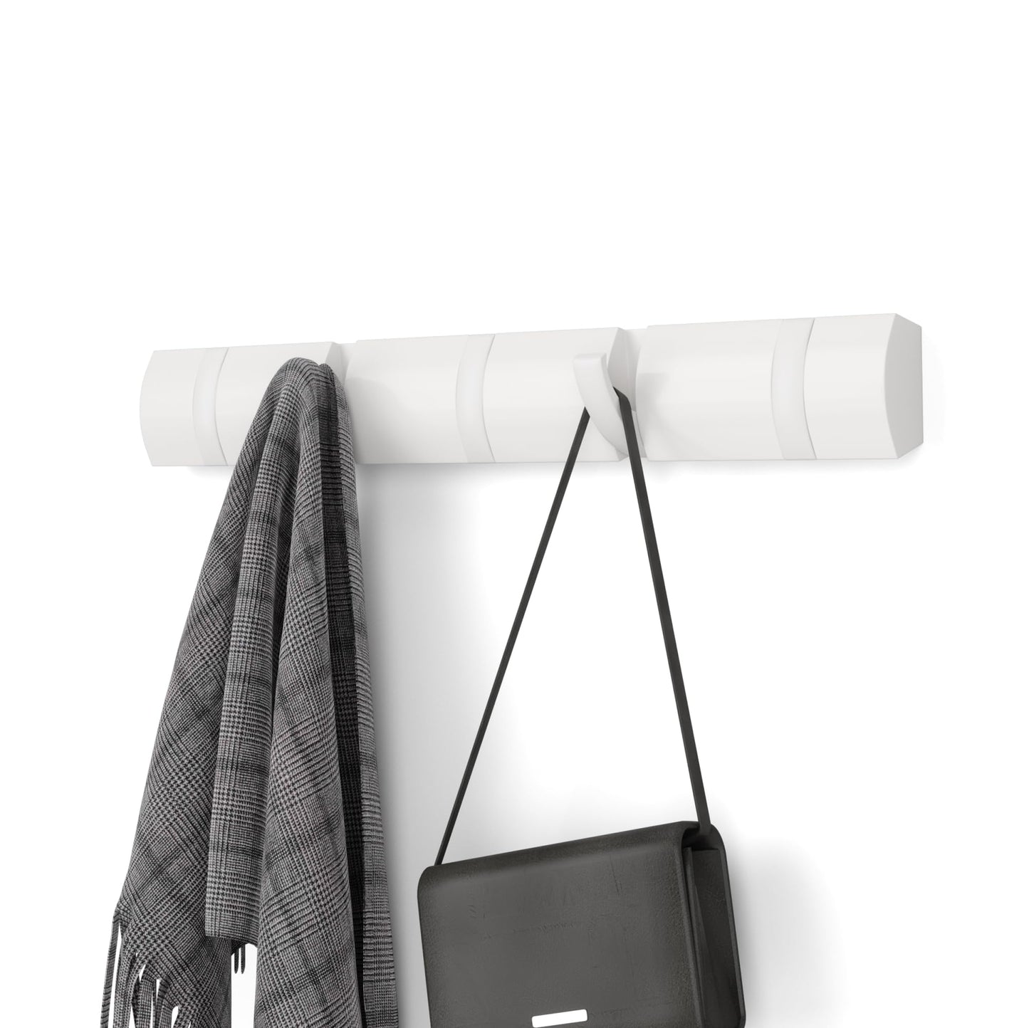 Umbra Flip Wall-Mounted Coat Rack with 5 Hooks – Modern, Space-Saving Storage for Hats, Jackets, Bags, Entryway, Mudroom, Closet, Bathroom, Bedroom – White/White