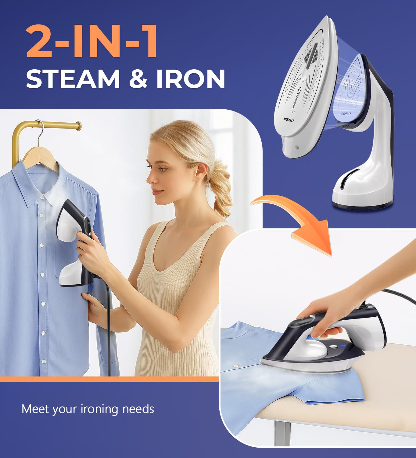 Ropilly Steam Iron for Clothes, 1600W 2-in-1 Iron & Steamer with Detachable Ceramic Soleplate, Converts from Steamer to Iron in Seconds, Auto-Off, Self-Cleaning, Wrinkle Remover for All Fabrics