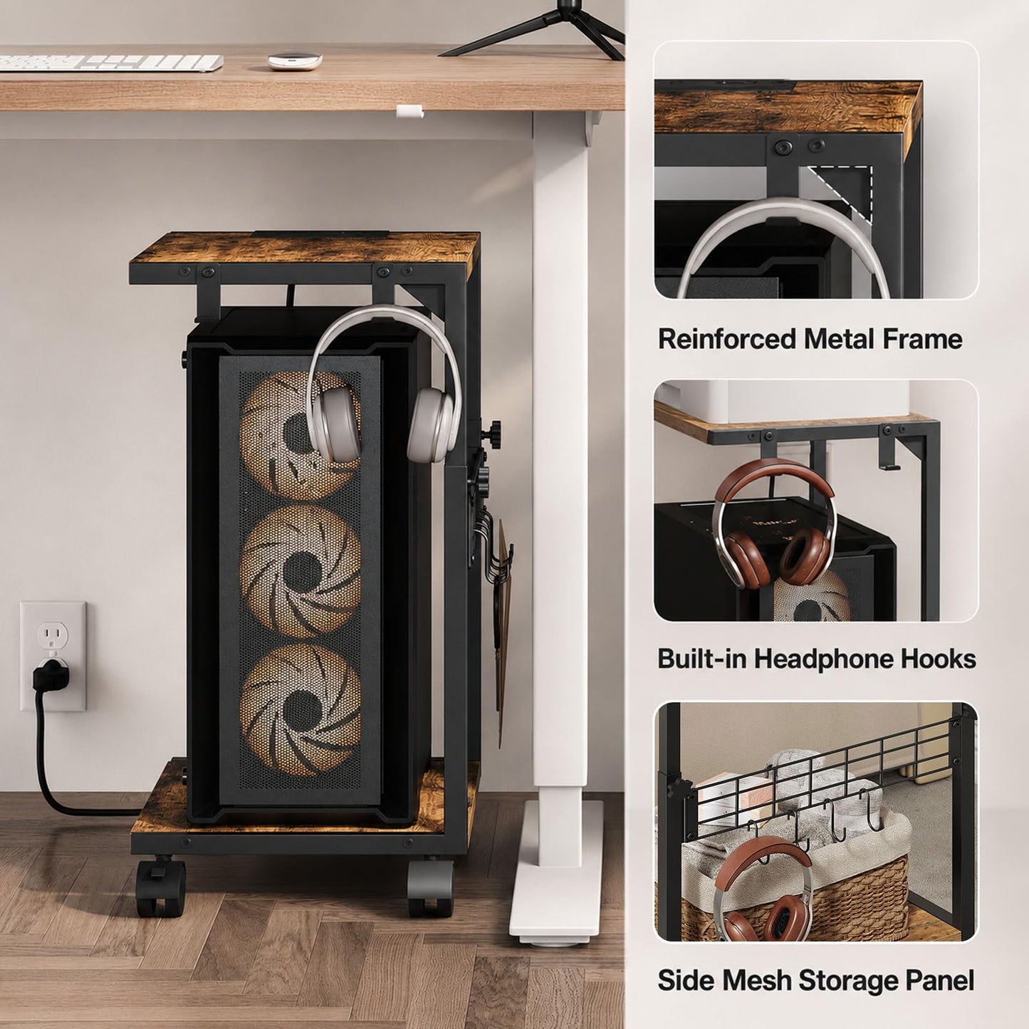 ZIIWIND PC Stand with Charging Station, Height Adjustable Computer Tower Stand, 19.7"-31.5" H, Computer Cart with Wheels and Hooks, CPU Holder for Floor, Carpet and Under Desk, Rustic Brown
