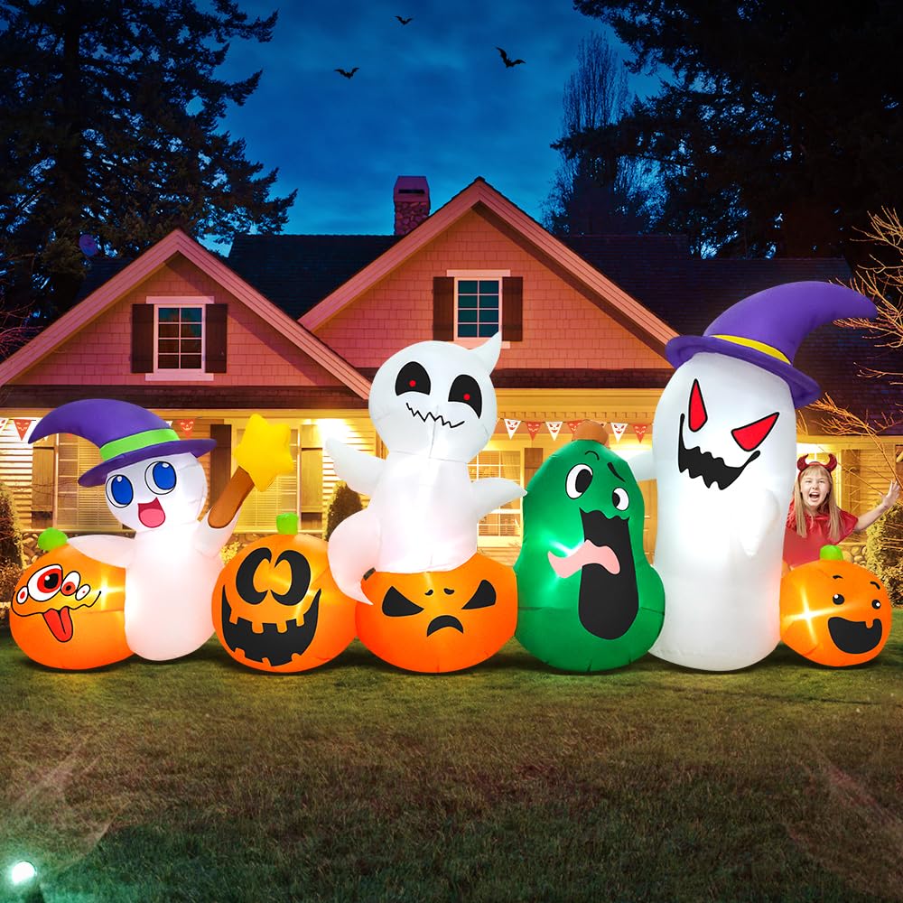 8 FT Halloween Inflatables Blow up Outdoor Decoration, Inflatable Ghost with Pumpkin Led Light Inflatables Outdoor Decor Blow up Inflatables for Holiday Party Lawn Yard Garden Decor