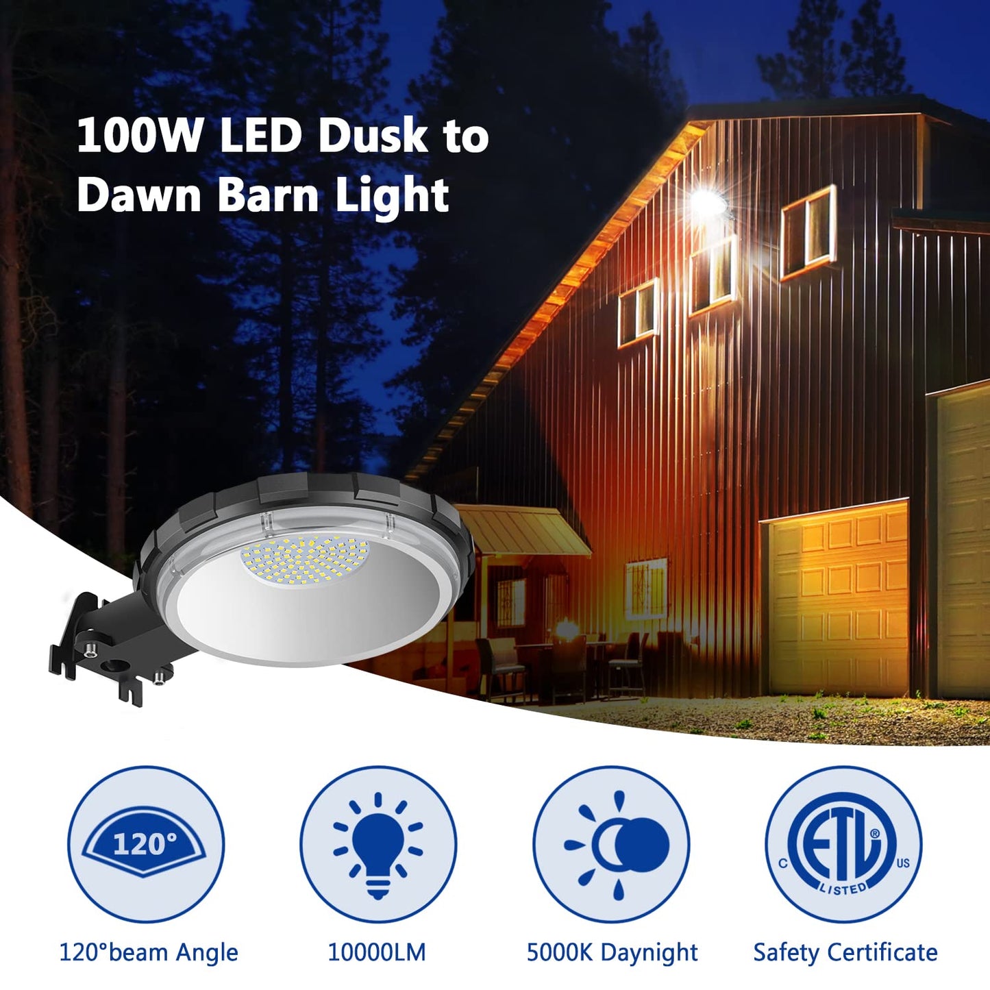 LED Barn Light, Dusk to Dawn Outdoor Lighting with 100W 10000LM 5000K Daylight, IP65 Waterproof Outdoor Security Lights for Garage Yard Street Warehouse Use