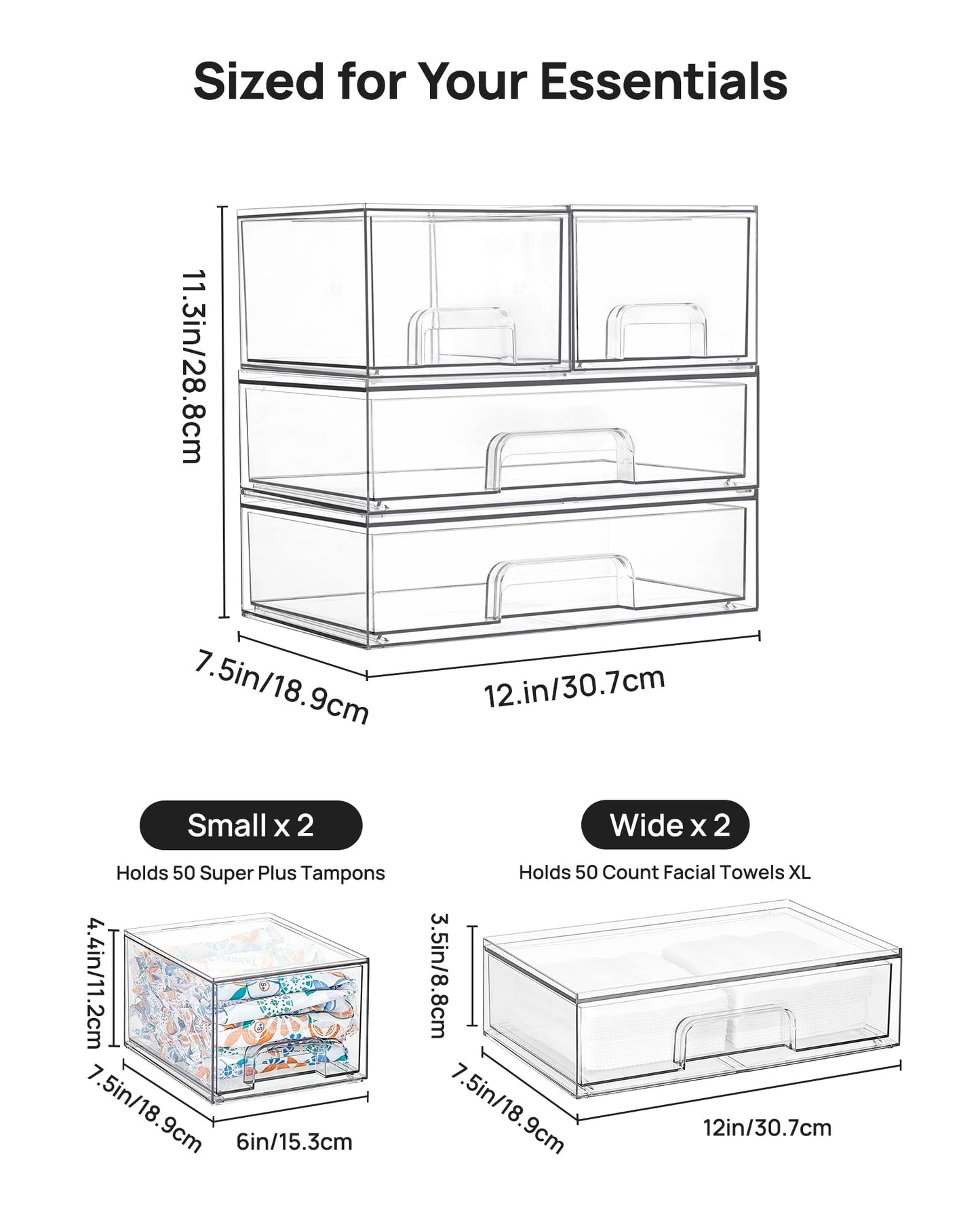 Vtopmart Stackable Storage Drawers Set of 4, Clear Plastic Organizer Bins for Bathroom Supplies,Ideal for Cabinet,Pantry,Laundry Room Organization