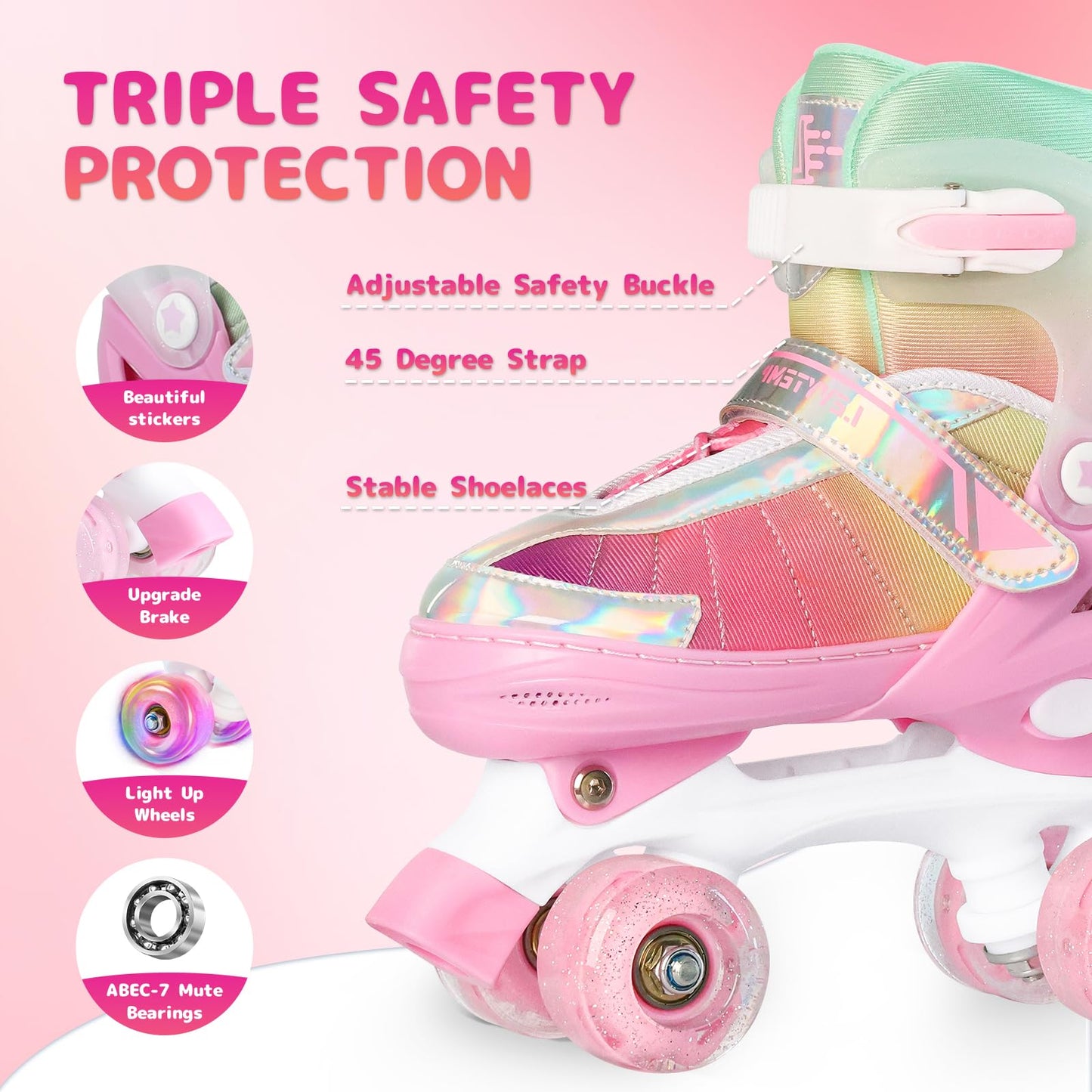 LEVYTEMP Rainbow Roller Skates for Girls Kids, Gradient Pink 4 Size Adjustable Quad Skates Size X-Small Ages 6-12 with All Light Up Wheels for Kids Youth Outdoor Indoor