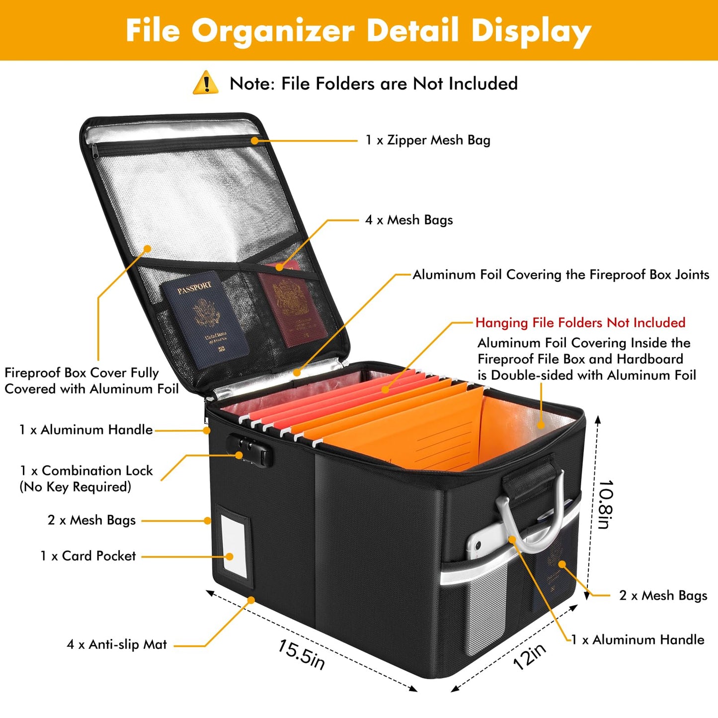 TOMKID 5200°F Fireproof Document Box, Fire Important Document Organizer with Lock, Upgraded Heat Insulated Filing Storage Cabinet Office Organization (5200°F Fireproof Box, Black)