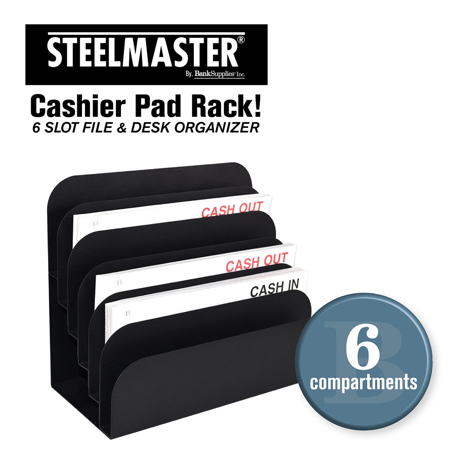 BankSupplies STEELMASTER 6 Slot File and Desk Organizer Paper Organizer Black Powder Coat Finish