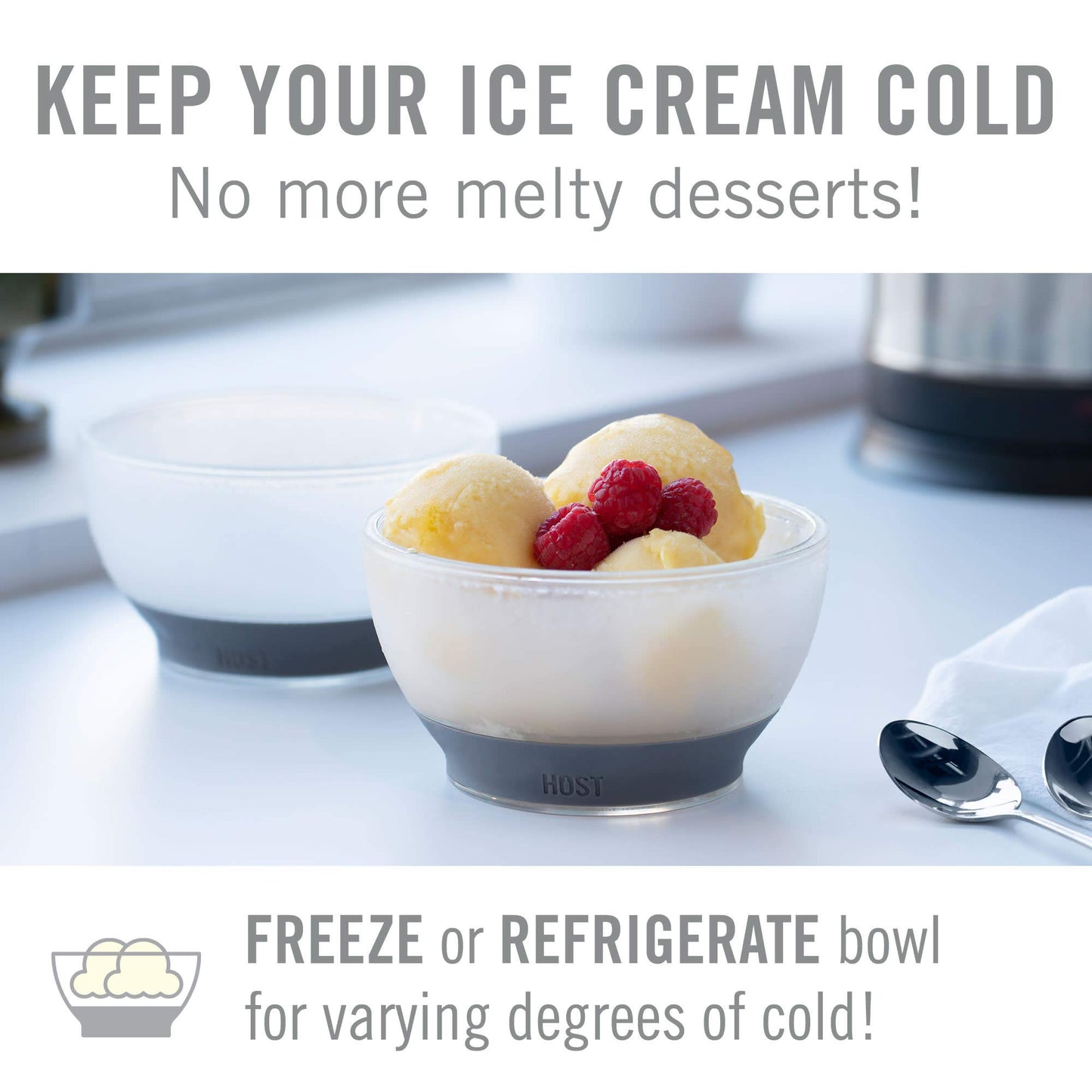 Host Freeze Ice Cream Bowls with Comfort Silicone Grip, Double Walled Insulated Bowl for Cereal, Fruit, Acai, Desserts, Outdoor Party, Kitchen Accessories, 18 oz Set of 2, Grey