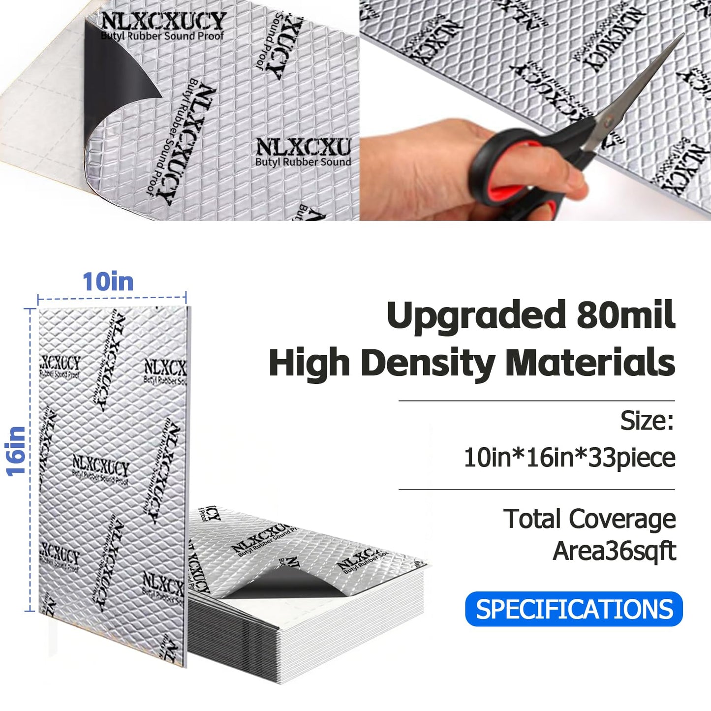 NLXCXUCY 33 Pcs 80mil (2mm) 36 sqft(3.4 sqm) Car Sound Deadening Mat,Butyl Automotive Sound Deadener,Noise Insulation and Vibration Dampening Material with Silicone Bumps Gloves