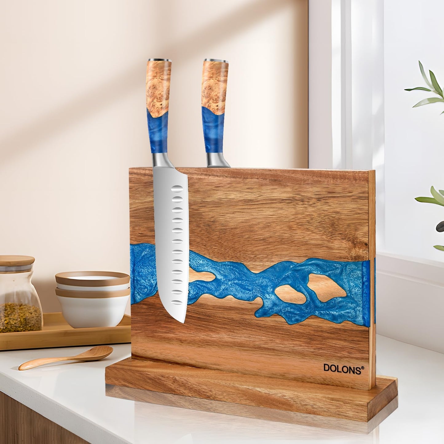 DOLONS Magnetic Knife Block,Acacia Wood And Resin Kitchen Magnetic Knife Holder，Equipped with strong magnets,Multifunctional Double Side Knife Storage Organizer for Kitchen Counter ，Gifts for new home
