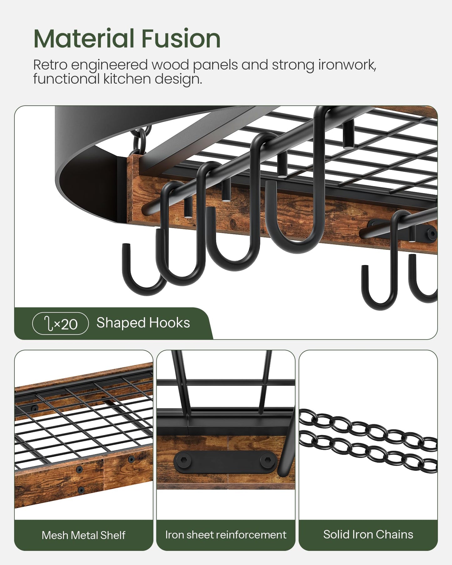 CHOEZON 39.4-Inch Hanging Pot Rack, Space-Saving Pot Hanger for Kitchen, Ceiling Pan Hanging Rack with 16 Detachable S Hooks, Sturdy Metal Frame, Industrial Style, Rustic Brown and Black TPR10BF