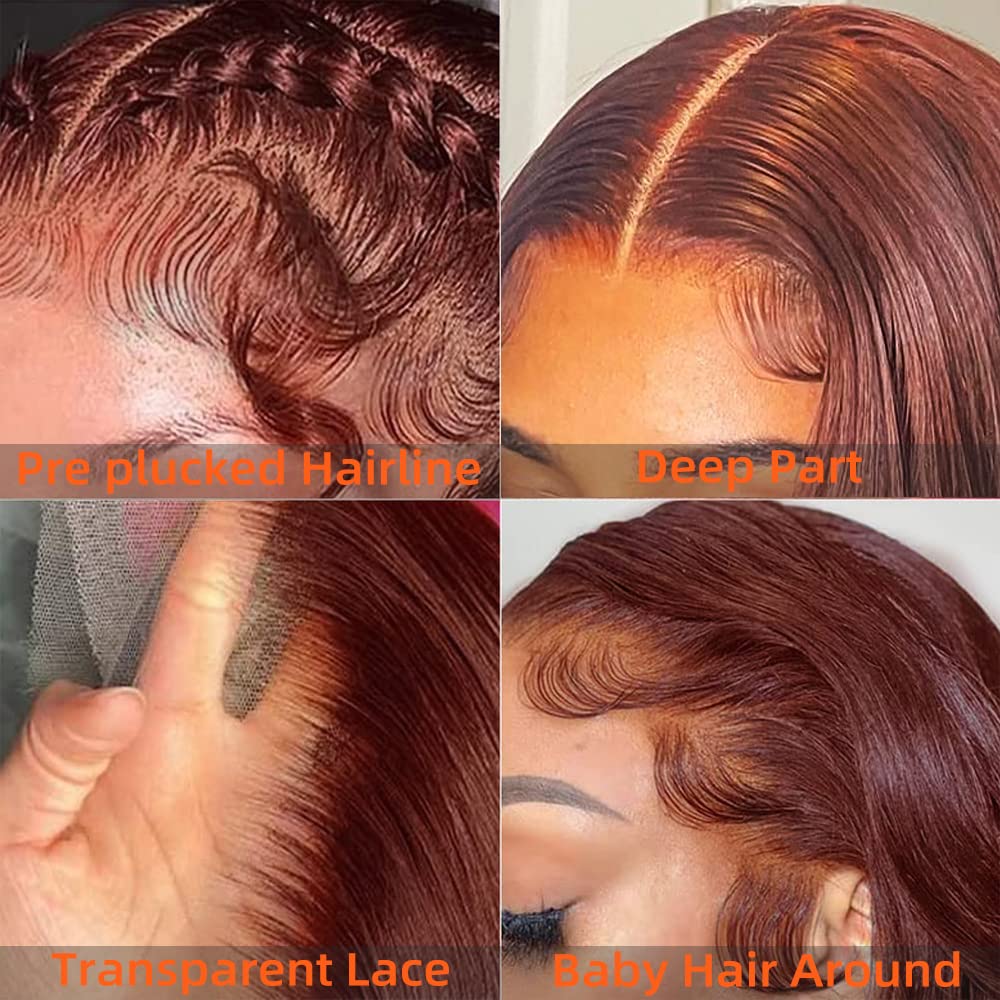 Reddish Brown Lace Front Wigs Human Hair Pre Plucked 13x4 Body Wave Glueless Wigs Human Hair Auburn Colored Human Hair Lace Front Wigs HD Lace Frontal Human Hair Wigs With Baby Hair 26 inch