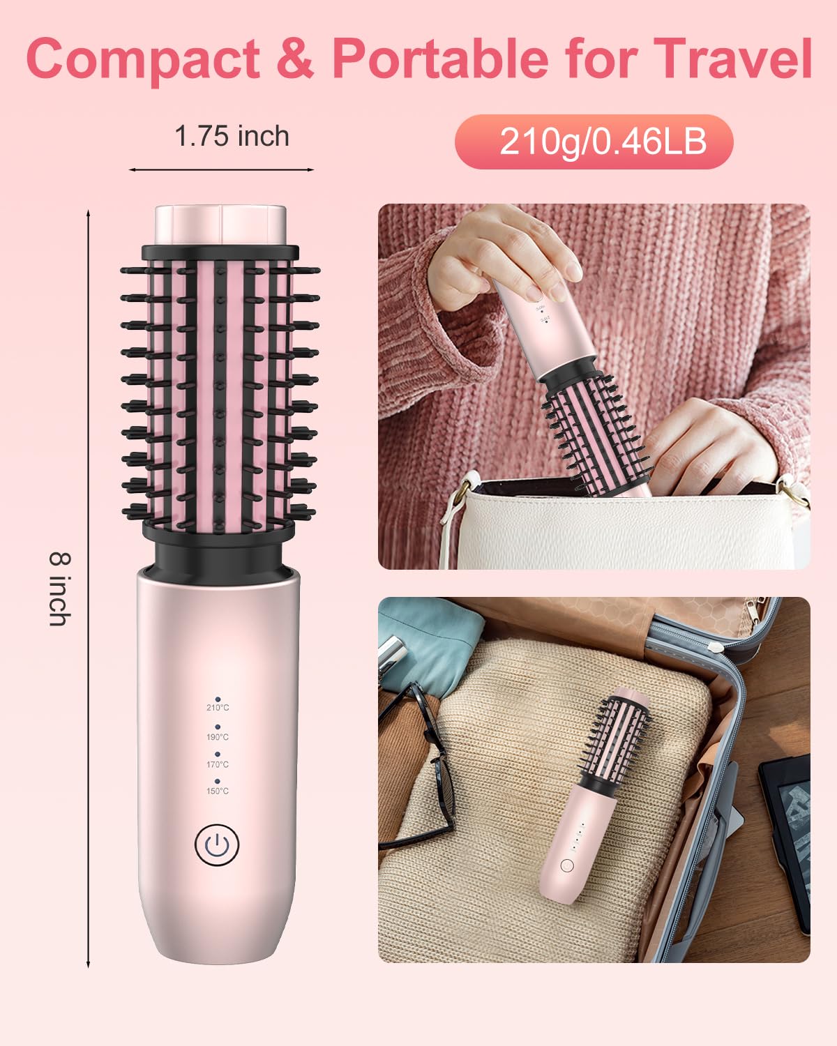 Portable Curling Iron, Bestauty 1.5" Cordless Hair Curler, 2 in 1 Travel Hair Curler & Hair Straightener Brush, Quick Heating 4 Adjustable Temperature 300°F-410°F for Curl/Smooth/Fluffy/Flip-Out Pink