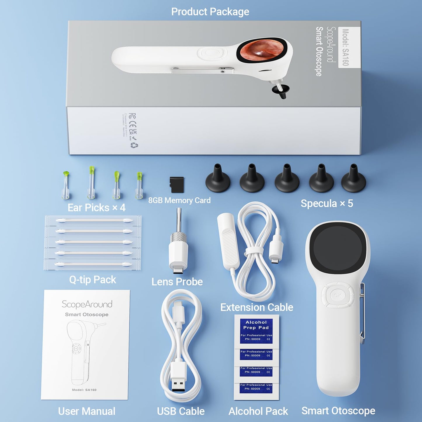 ScopeAround Otoscope with Light, 720P HD Ear Cleaning Camera & 6 LED Lights Ear Scope, 1.45" IPS Display Digital Otoscope, Ear Scope with Extention Cable, Smart Ear Camera, Ready to Use White