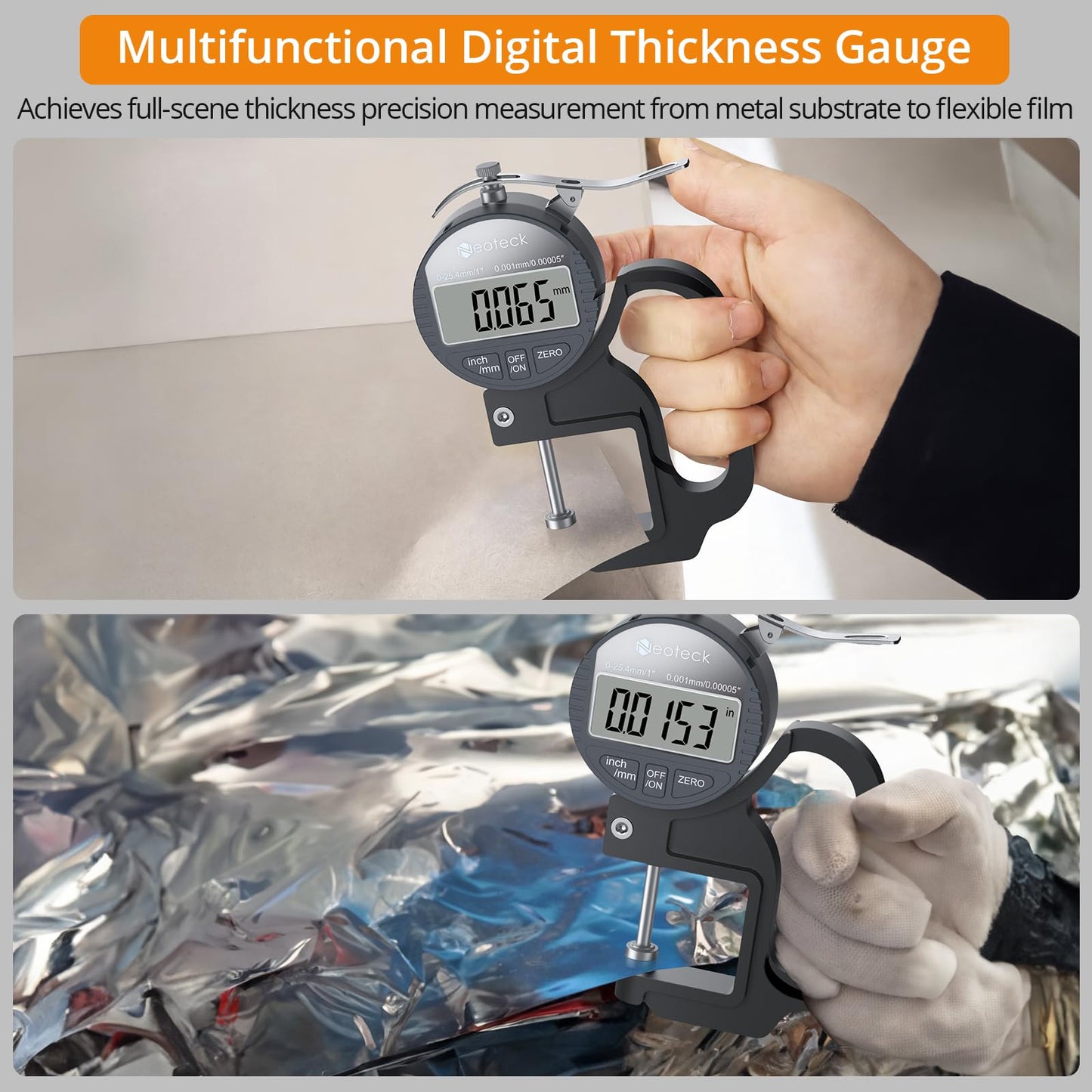 Neoteck Digital Thickness Gauge 1 inch/25.4mm, 0.00005"/ 0.001mm, Thickness Meter Precise Electronic Micrometer with LCD Display