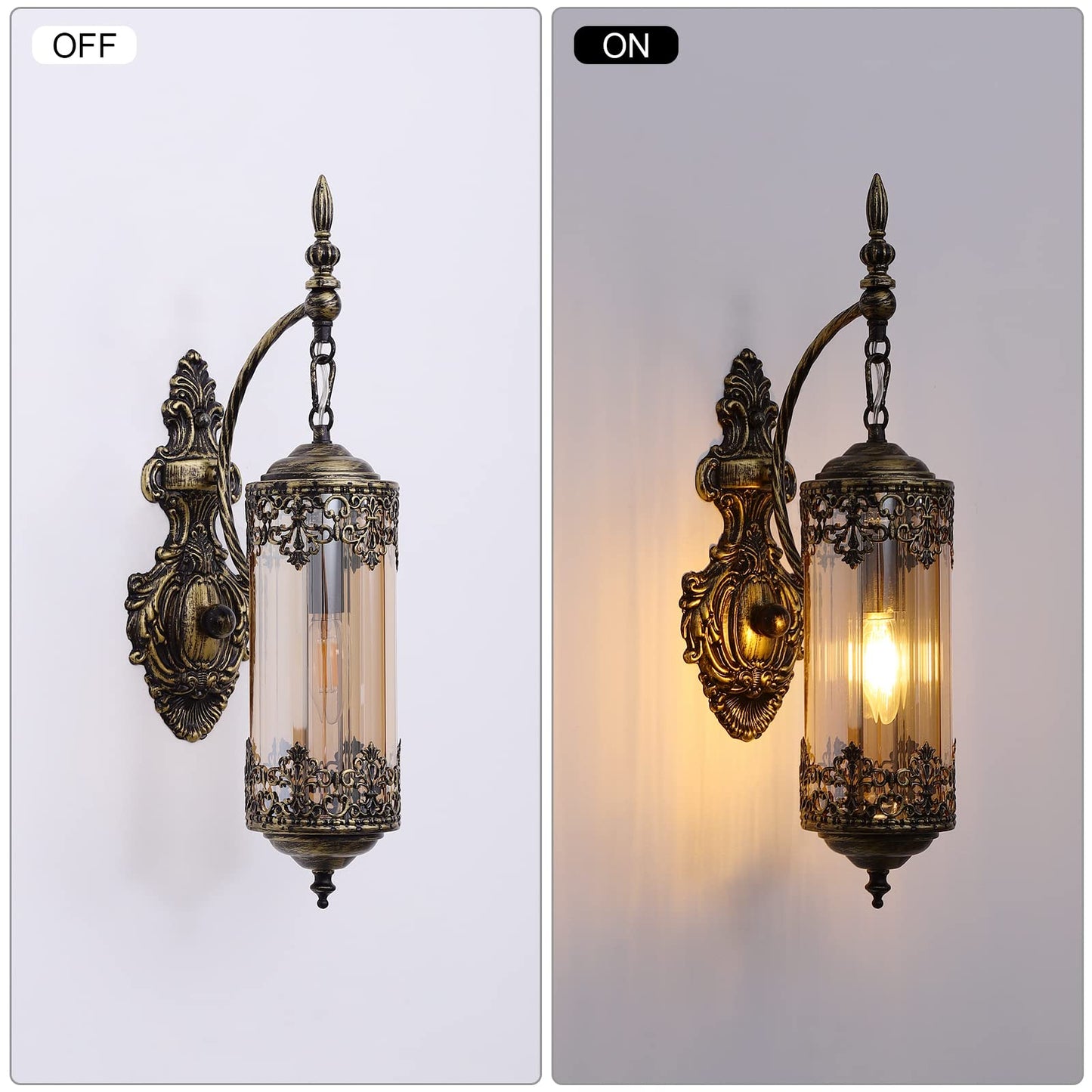 RONGHUAFUGUI Rustic Wall Sconce with Amber Glass Mini Vintage Antique Gothic Wall Light Fixture Retro Farmhouse Mid Centry Lantern Wall Sconce for Bedroom, Hallway, Mirror, Bursh Gold, E12