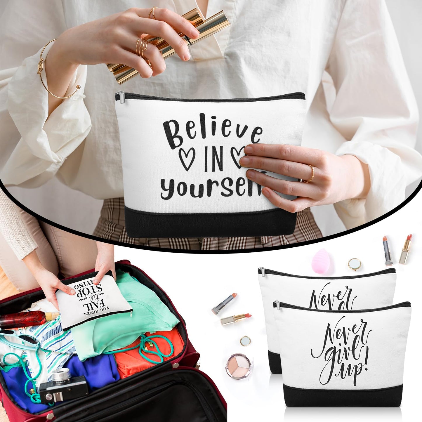 Sanwuta 30pcs Inspirational Gifts for Women Make up Bags Bulk Cosmetic Bags Employee Appreciation Black White Cosmetic Pouch with Zipper Nurse Team Women Gift (Classic)