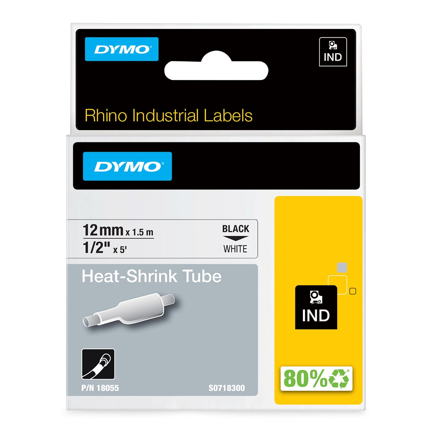 DYMO Rhino Industrial Heat-Shrink Labels 1/2" Tube Black Print on White
