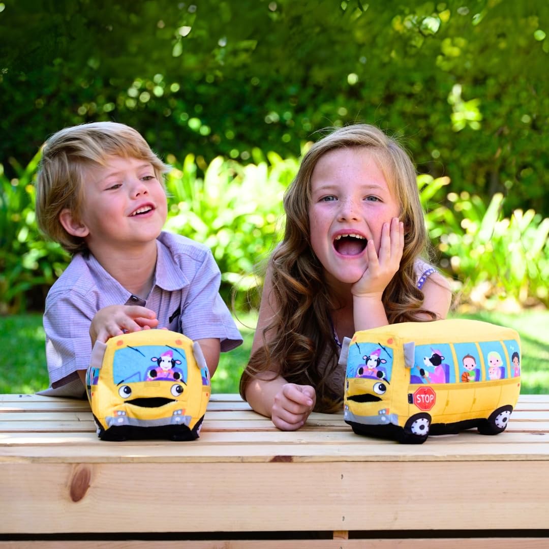 Cuddle Barn | Wheelie - School Bus Singing Stuffed Animal Plush Toy | Mouth Moves and Eyes Light Up | Sings Wheels on The Bus - 23 cm