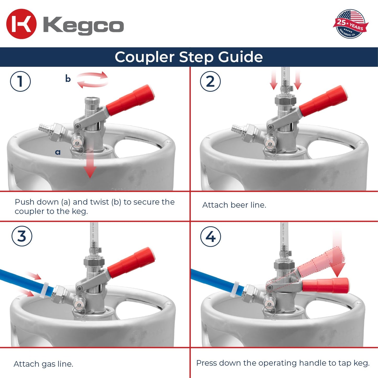 Kegco Beer Keg Coupler D System Tap - Red Lever Handle
