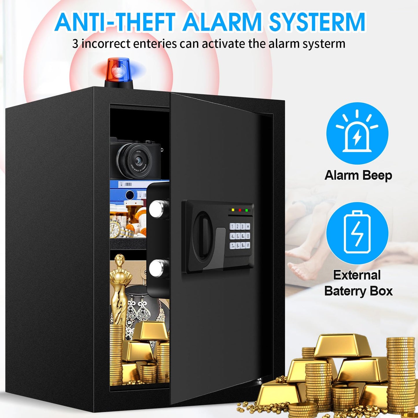 2.8 Cuft Large Fire Proof Safe for Home Documents, Digital Security Box with Key and Combination, Anti-Theft Fire Safety Box for Home Office, Document Safe for Money Firearm Medicine Valuables