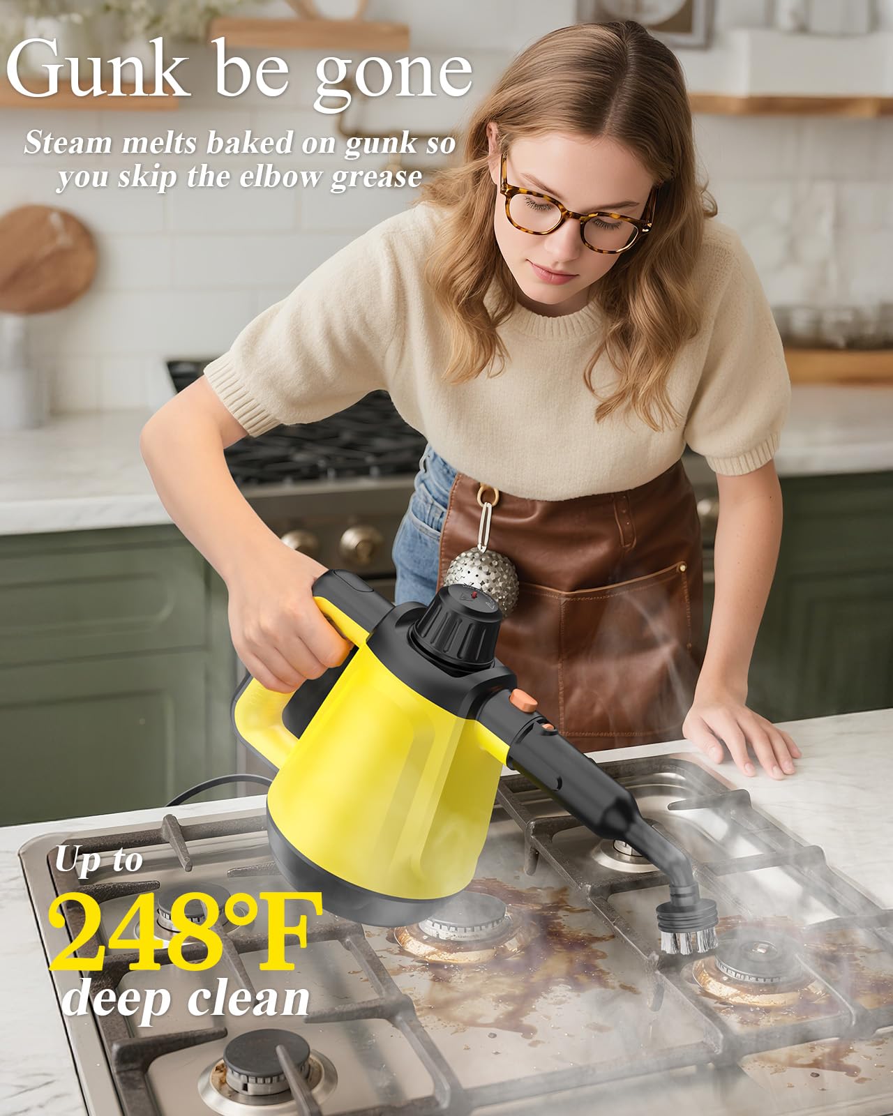 1200W Handheld Steam Cleaner for Home, Powerful Natural Multi‑Surface Steam Cleaner with 10 Tools, Pressurized Steamer for Deep Cleaning Tile, Grout, Shower, Bathroom, Kitchen, Car, Yellow