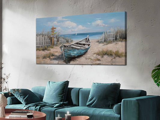 Ardemy Blue Coastal Wall Art Textured Beach Painting Turquoise Teal Sea Shore Picture Modern Boat Artwork Framed Living Room Bedroom Kitchen Bathroom Dinning Room Home Office Wall Decor Large 48"x24"