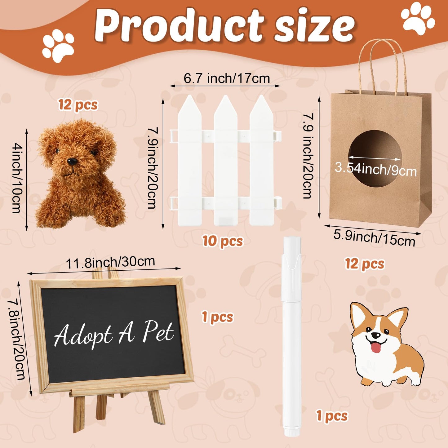 Arrowbash 36 Pcs Puppy Birthday Party Favor Mini Plush Stuffed Animal Dog Set with 10 White Plastic Fence 12 Kraft Paper Gift Bags Wooden Chalkboard Sign for Adopt a Pet Dog Birthday(Classic)