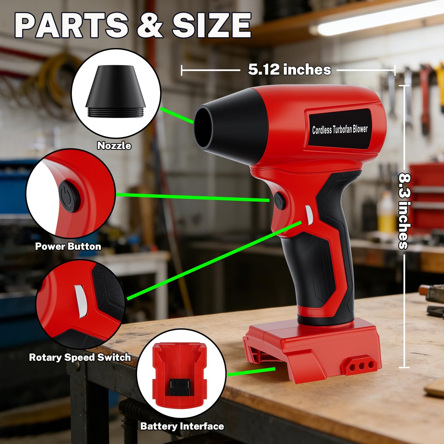 GRVODFRTA Cordless Dust Blower Compatible with Milwaukee M18 18V Battery, Handhled Leaf Blower Electric Compressed Air Duster Turbo Jet Fan with Nozzles for Blowing Leaves and Dust