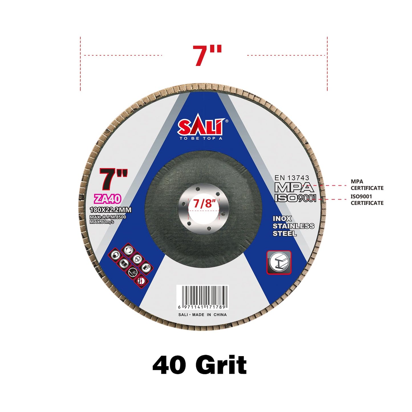 Sali 10 Pack Zirconia Flap Disc 40 Grit 7" x 7/8-Inch Sanding Disc Bevel Type #29 Premium and Industrial Grade Angle Grinder Grinding Wheel High Performance Edge Grinding