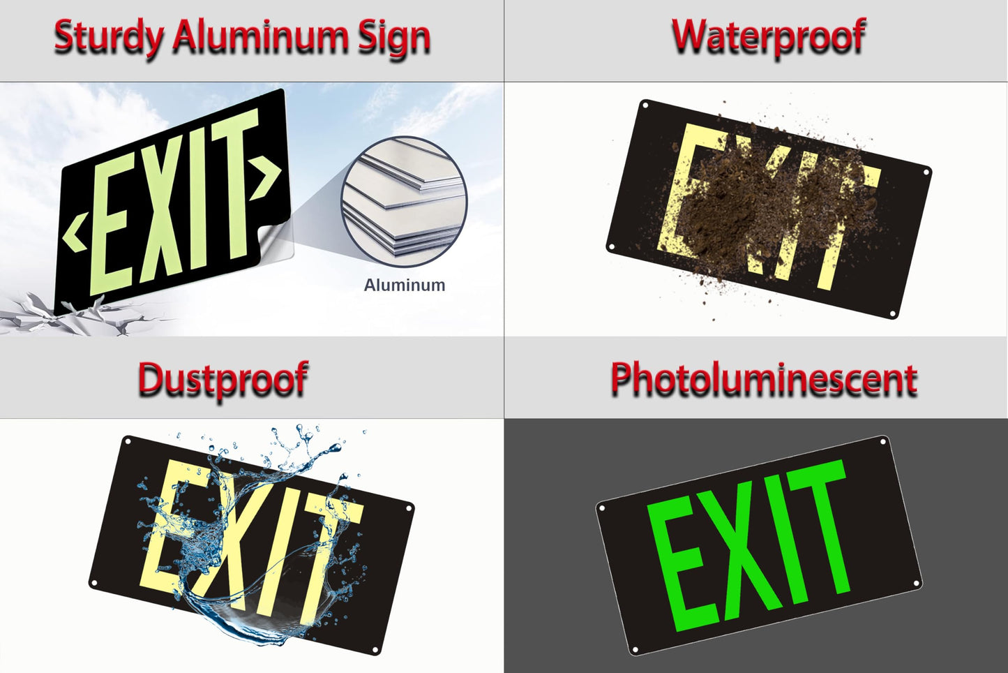 (2 Pack) Photoluminescent Exit Sign Black - Aluminum -14 x 7.5 x 0.04 Sign,With Removable Directional Arrows, With Strong Self Adhesive Tape.