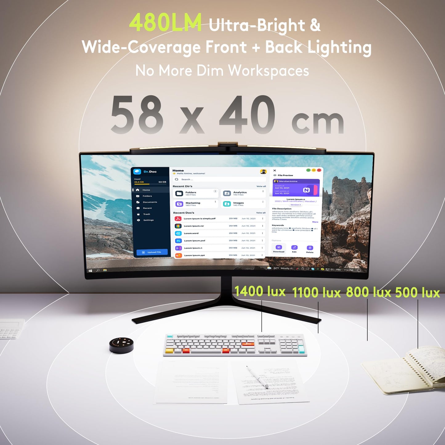 Quntis Curved Monitor Light Bar with Soft Backlight, Dual Curve-Matching Pivoting Arms for 1000R–3000R 34" Ultrawide Screens, 1400 Lux CRI 98 Eye Care Desk Light, Auto-Dimming & Remote for Home Office