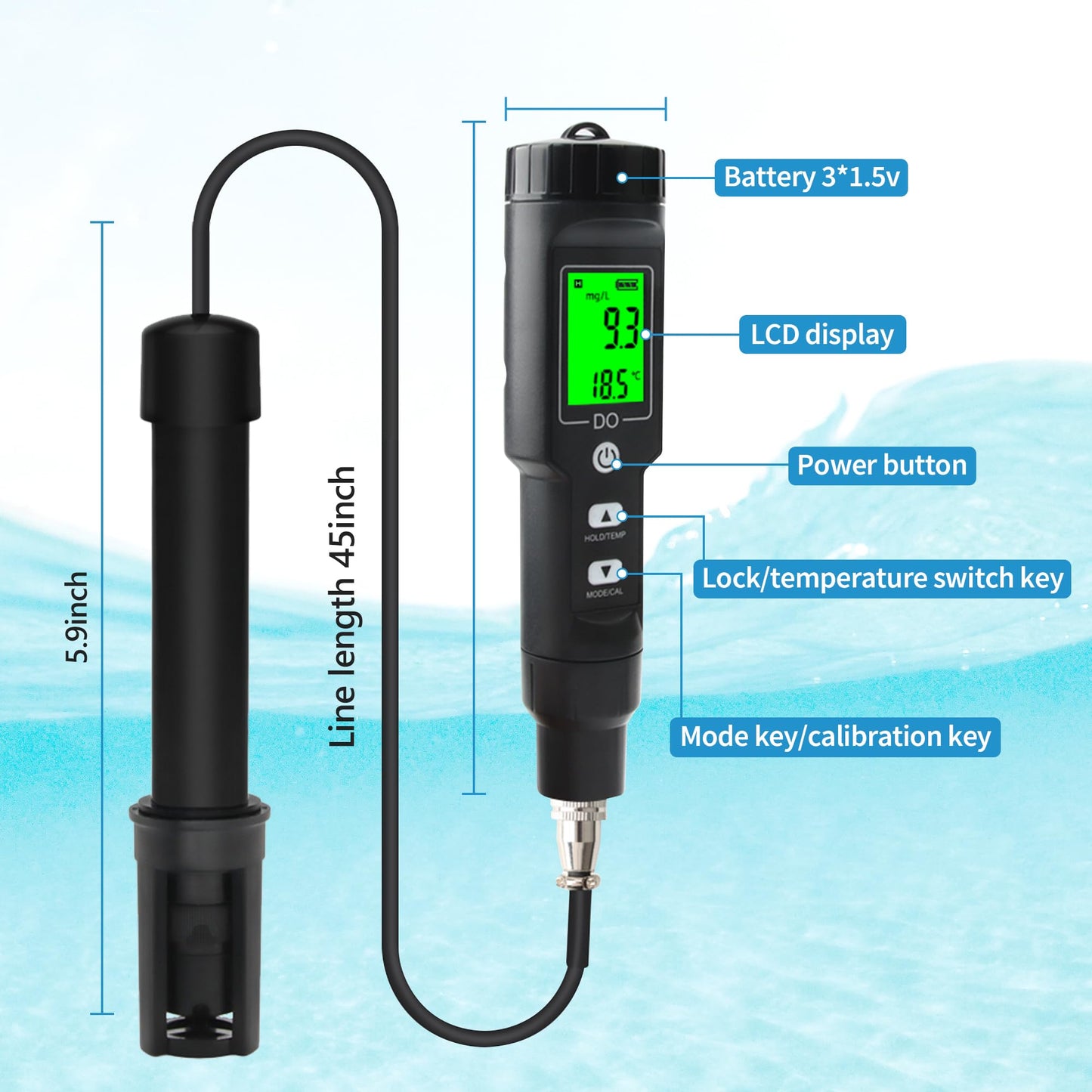 Rowyet Dissolved Oxygen Meter with ATC,Portable Dissolved Oxygen Test Kit Range 0.0-40mg/L,DO Meter with Electrode Filling Fluid,Water Test Kit for Swimming Pools,Aquarium,Fish Pond.