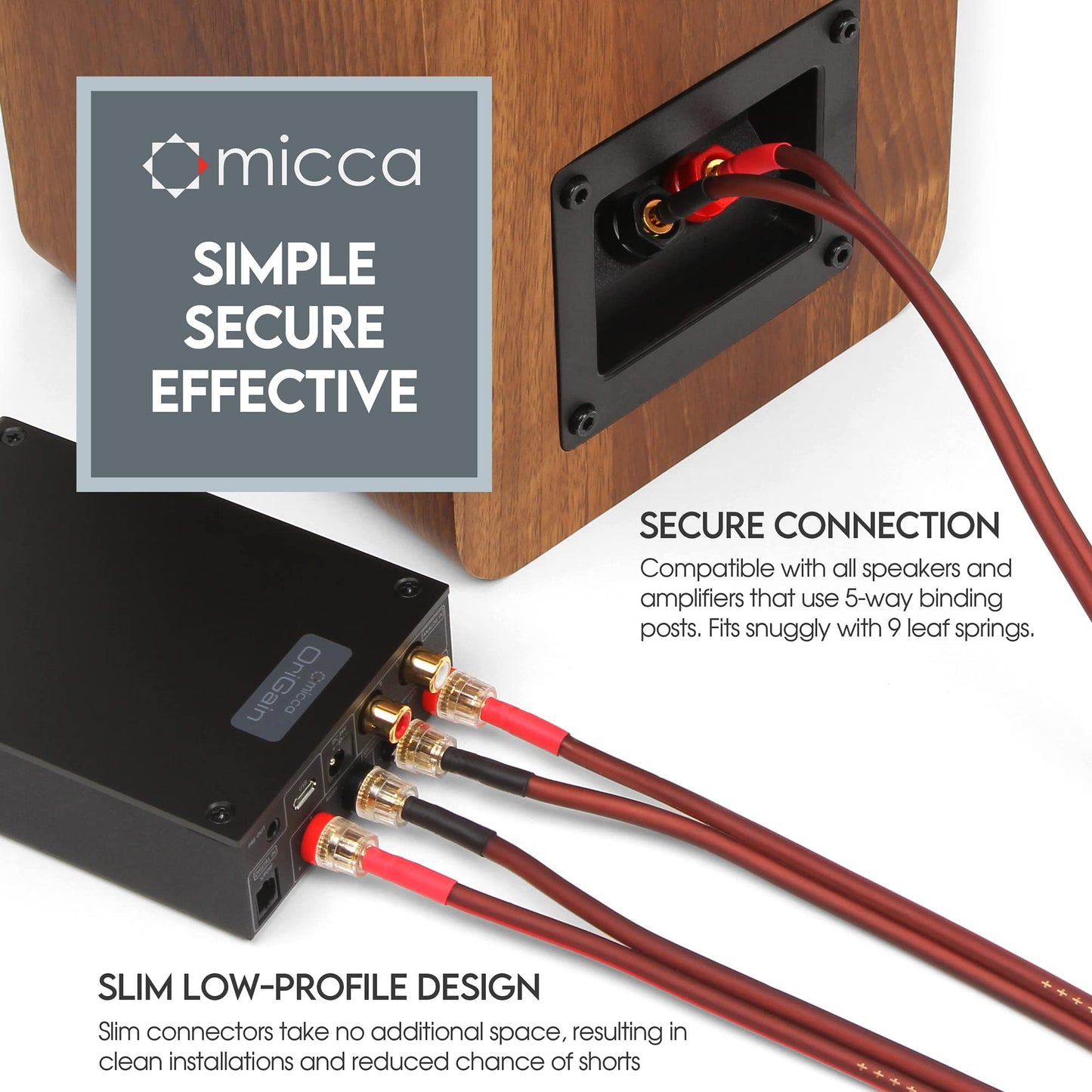 Micca 14 Gauge Pure Copper Speaker Wire, 12 Feet (4 Meters 13.1ft Actual), 2 Pack Pair, Gold Plated Banana Plugs Connectors, Soldered Construction, Slim Design, 245 Strands, For Stereo or Home Theater