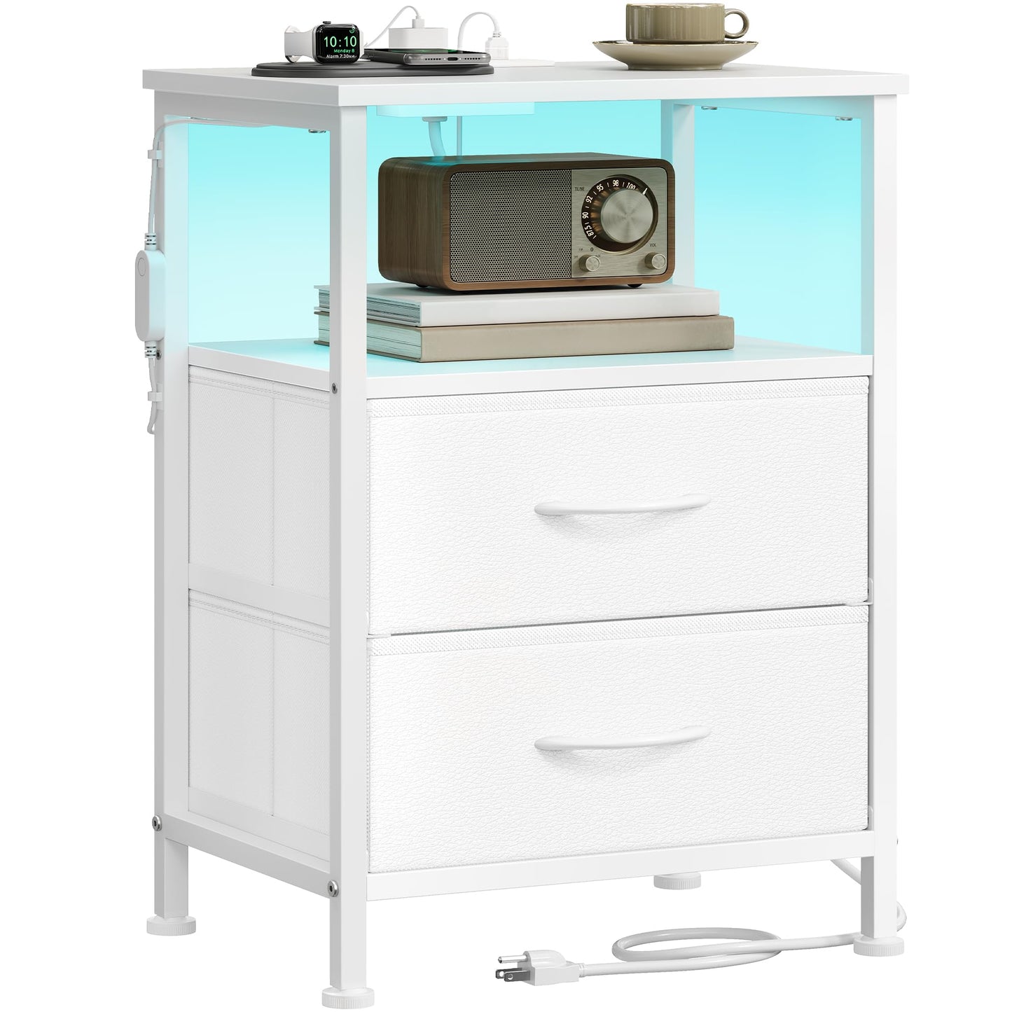 SONGMICS BELLAH Collection - Nightstand with Charging Station and App-Controlled Adjustable LED Lights, Bed Side Table, 2 Drawer and 1 Open Shelf, Bedroom, Cloud White and Snow White ULGS302WH01S